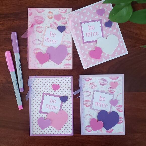HANDMADE Valentine's Day Cards Set of Four  Pink Purple Hearts Lips Be Mine - Picture 1 of 8